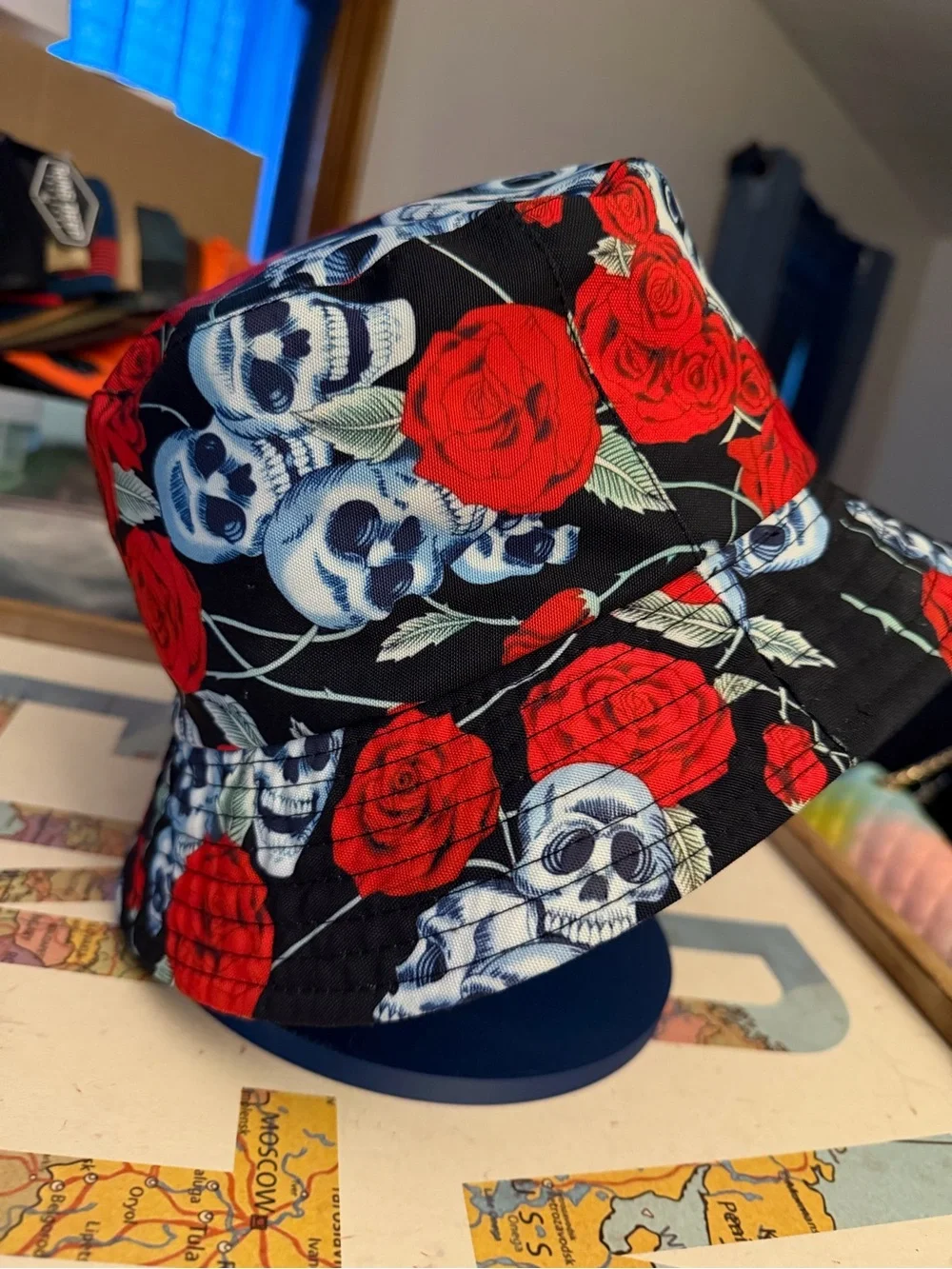Reversible Roses & Skulls Bucket Hat - Black & Red